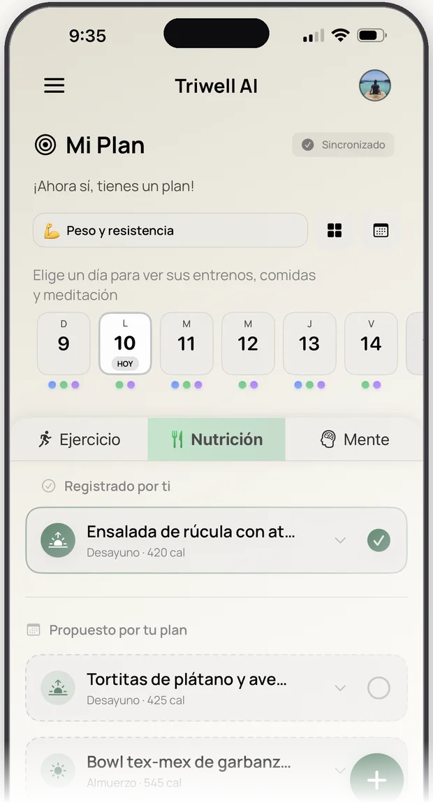 Mi Plan en la app: los entrenos, comidas y meditación de cada día, con la ensalada del desayuno marcada como hecha